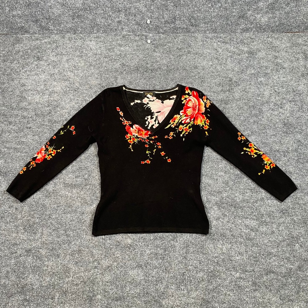 Elizabeth New York Womens Petite S Black Floral V-Neck Rhinestone Knit Top